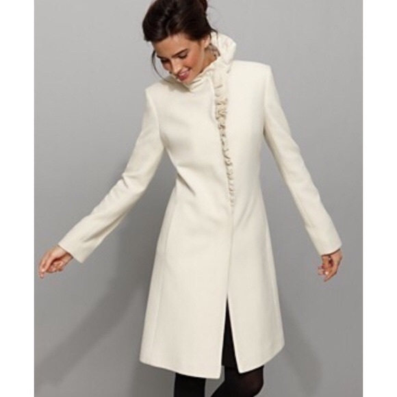 DKNY Jackets & Blazers - Cream Ivory Ruffle DKNY Wool Coat Size 6 EUC